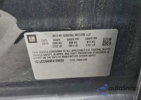 2015 Chevrolet Sonic Lt z USA, uszkodzony, nr VIN 1G1JC5SH9F4109630